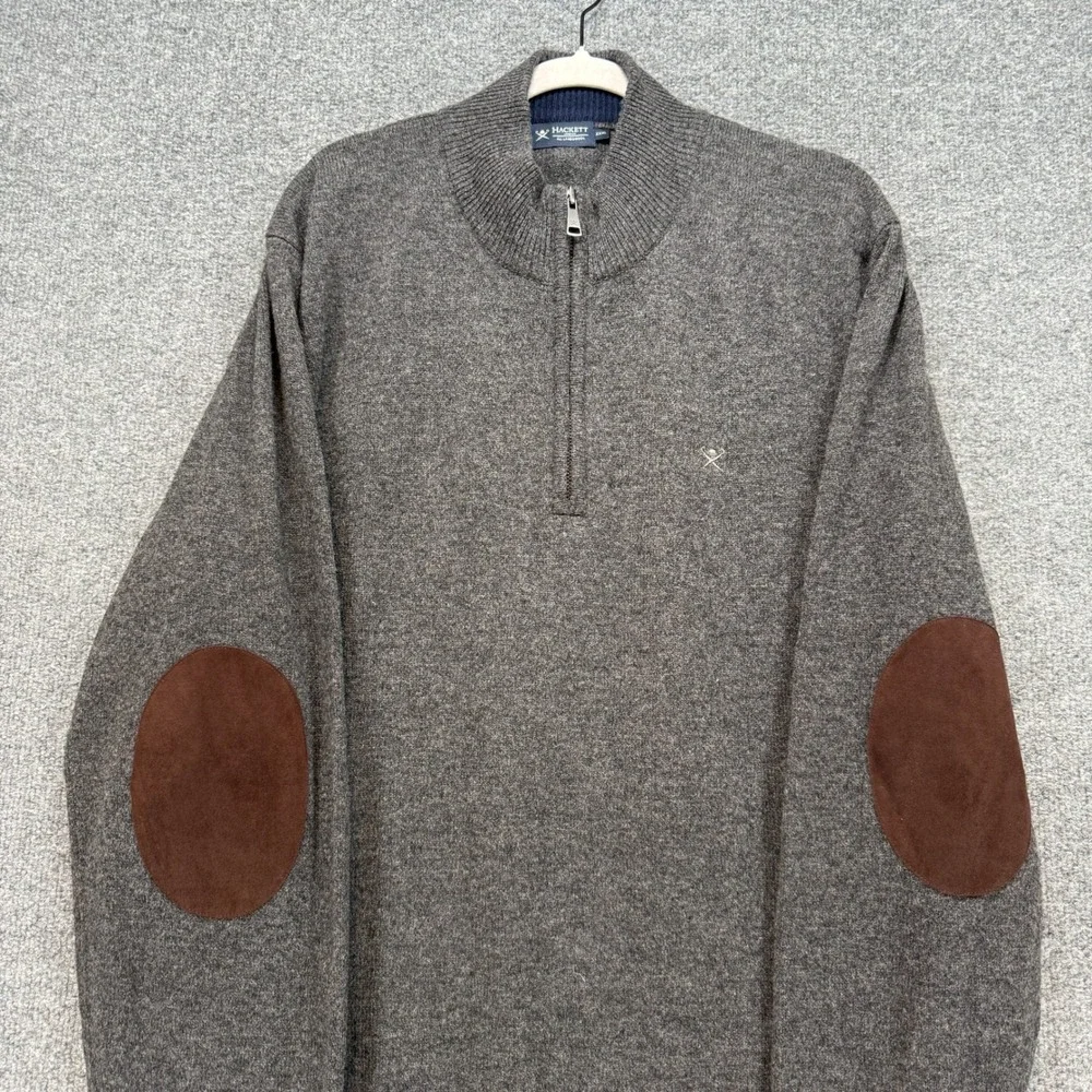 Hackett London Sweater Mens XXXL Gray Lambswool 1/4 Zip Elbow Patch Pullover